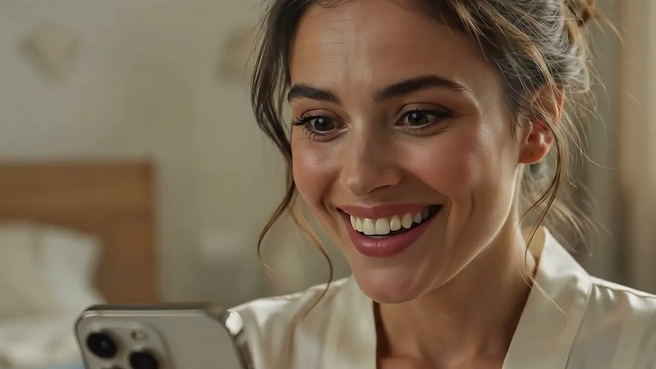 A woman smiling at her phone in a white robe, in the morning